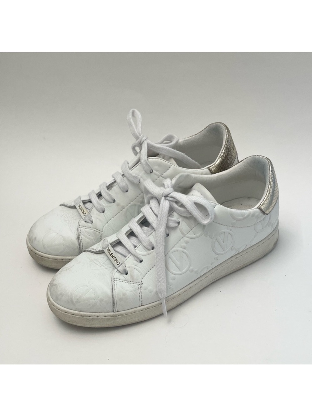 Valentino Leather White And Silver Logo Embossed Women's Sneakers Size 8.5